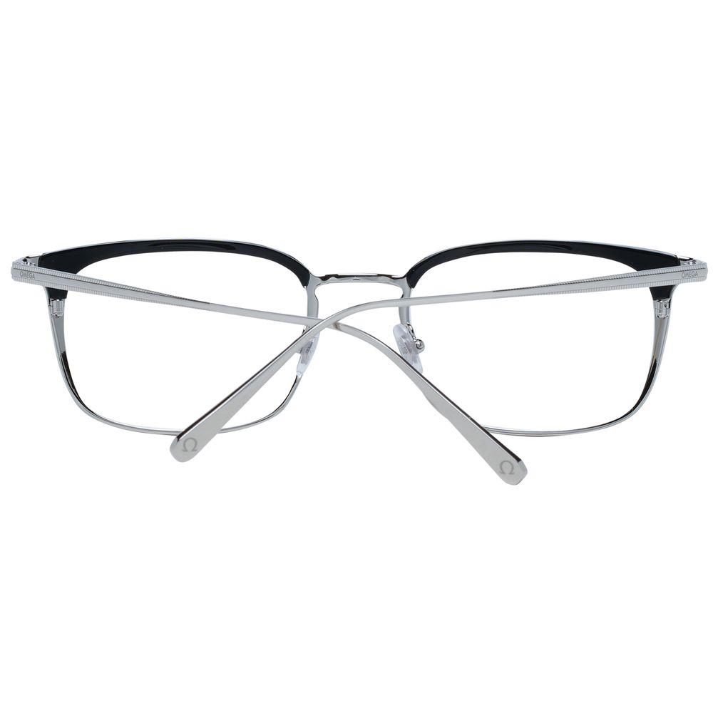 Omega Black Men Glasses Frame in black acetate and metal, full-rim rectangle style with demo lenses, perfect for modern fashion.