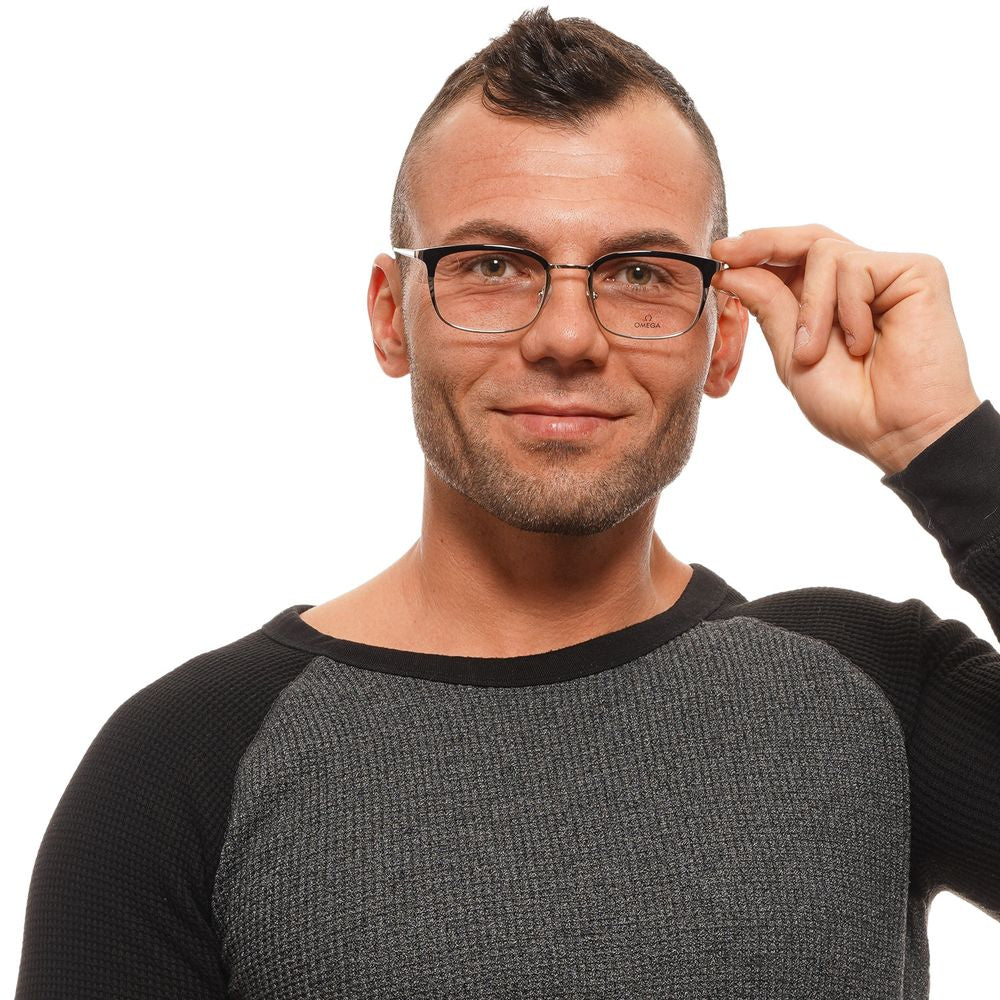 Man wearing Omega Black Men Glasses Frame with full-rim rectangular shape.