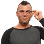 Man wearing Omega Black Men Glasses Frame with full-rim rectangular shape.
