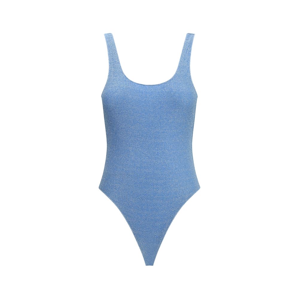 Oséree Lumière Sporty One Piece Swimsuit in lamé fabric with round neckline and slimming cut, elegant and bold, perfect for AW25 fashion.