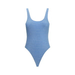 Oséree Lumière Sporty One Piece Swimsuit in lamé fabric with round neckline and slimming cut, elegant and bold, perfect for AW25 fashion.