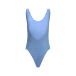 Back view of Oséree Lumière Sporty One Piece Swimsuit in blue lamé fabric with scooped back design.