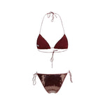 Oséree Marylin Swimsuit with sequin details, adjustable lacing on red bikini, made in Italy, highlighting glamour and comfort.
