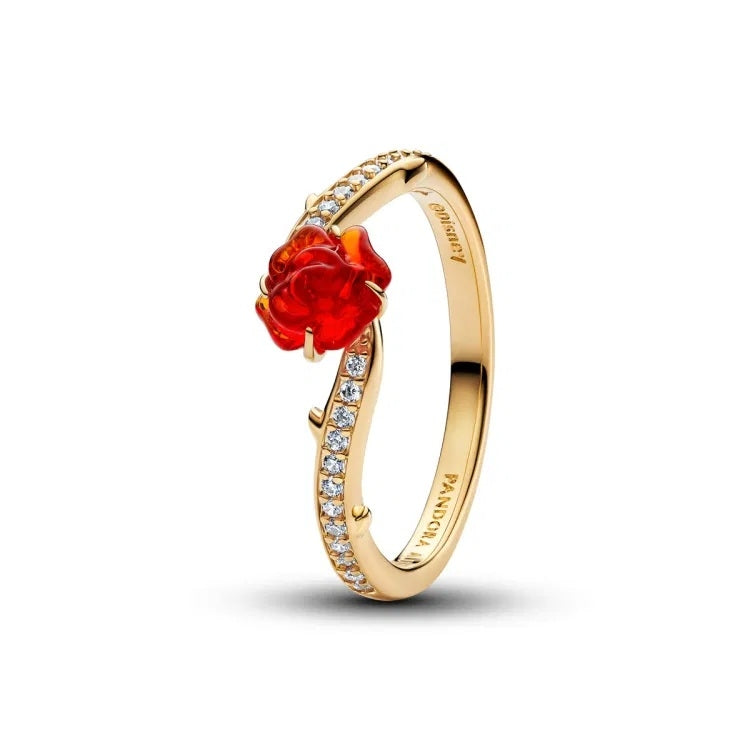 PANDORA JEWELRY Mod. 163984C01-48 gold ring with red flower design and diamond accents.