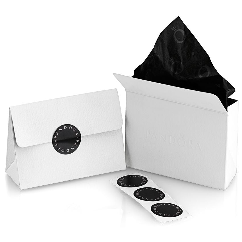 Official packaging of PANDORA JEWELRY Mod. 792654C01, showing black tissue paper, and stickers in a white branded box.