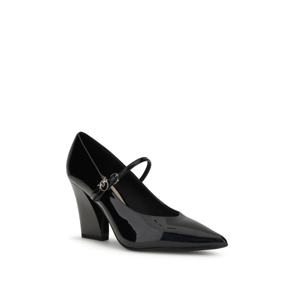 PINKO Black Calf Leather Bos Taurus High Heel Pumps with pointed upper, cubic heel, adjustable strap, and shiny patent finish.