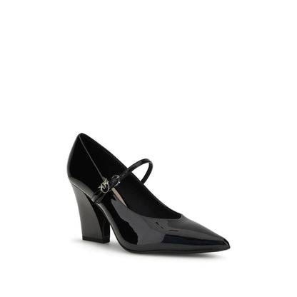 PINKO Black Calf Leather Bos Taurus High Heel Pumps with pointed upper, cubic heel, adjustable strap, and shiny patent finish.