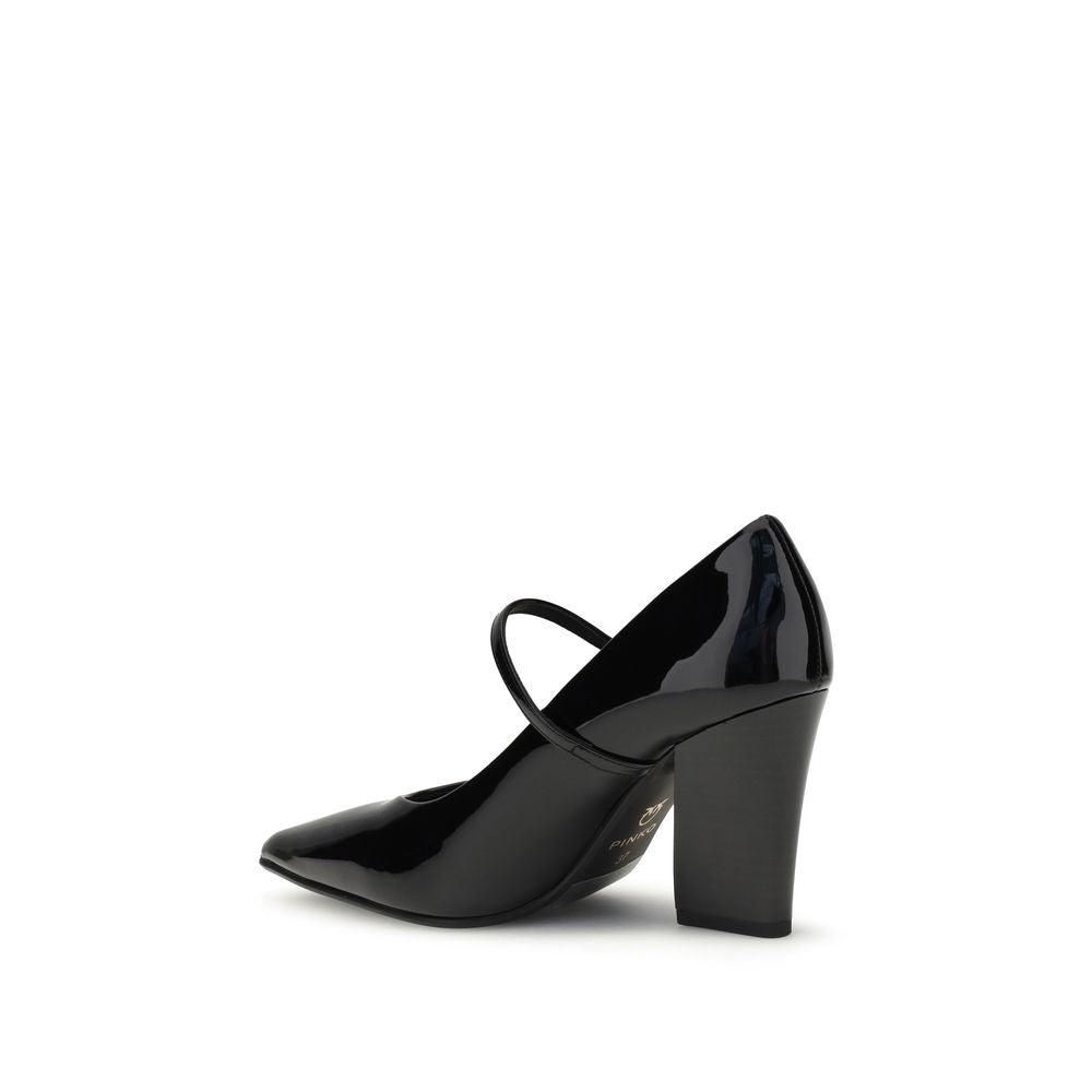 PINKO Black Calf Leather Bos Taurus High Heel Pumps with patent leather and cubic heel, featuring an adjustable strap closure.