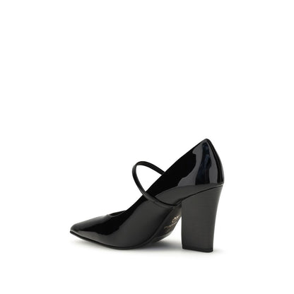PINKO Black Calf Leather Bos Taurus High Heel Pumps with patent leather and cubic heel, featuring an adjustable strap closure.