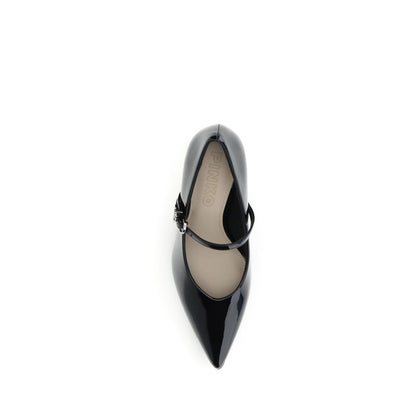 Top view of PINKO Black Calf Leather Bos Taurus High Heel Pumps with glossy patent finish and adjustable strap.