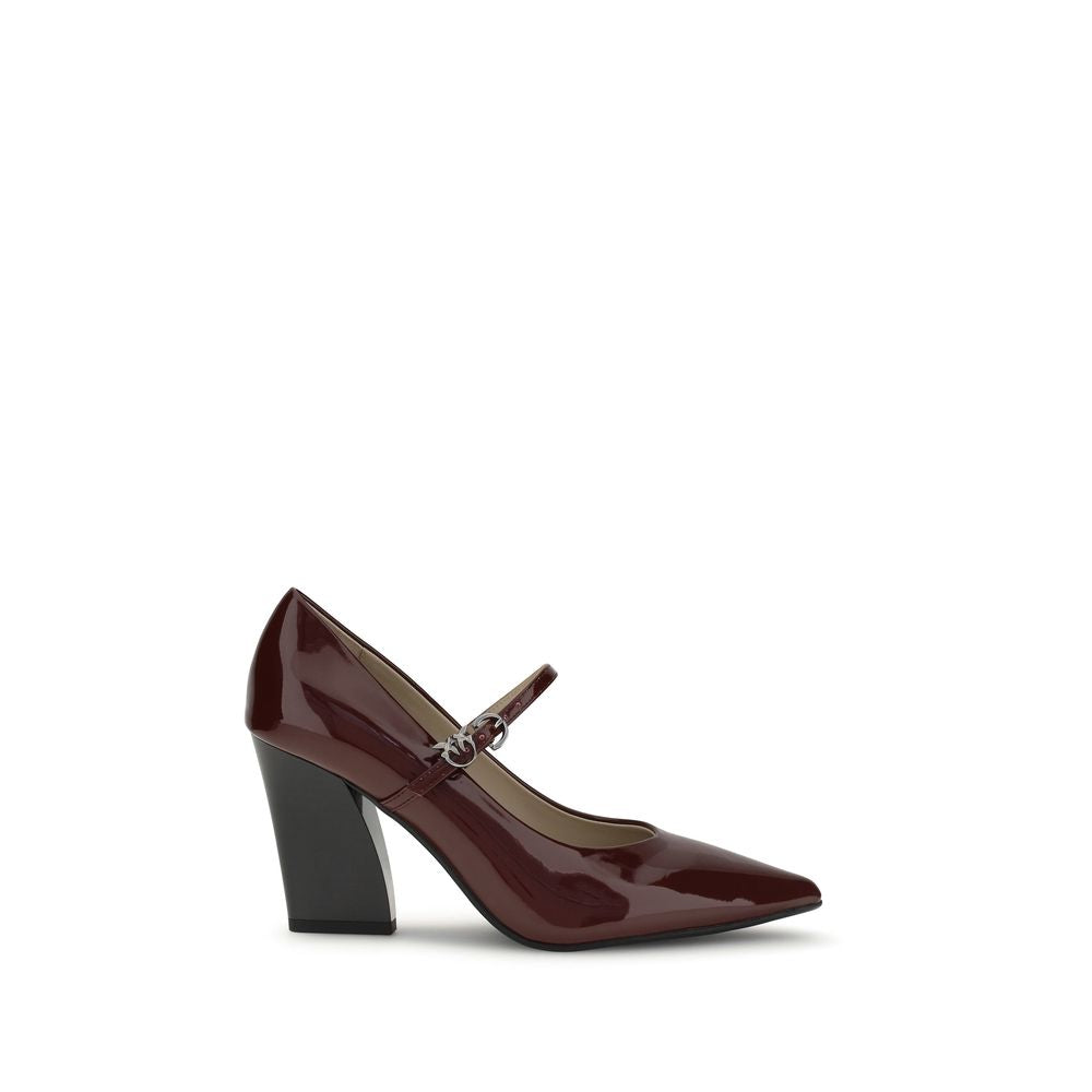 PINKO Bordeaux Calf Leather Bos Taurus High Heel Pumps with shiny patent finish and adjustable strap for AW25