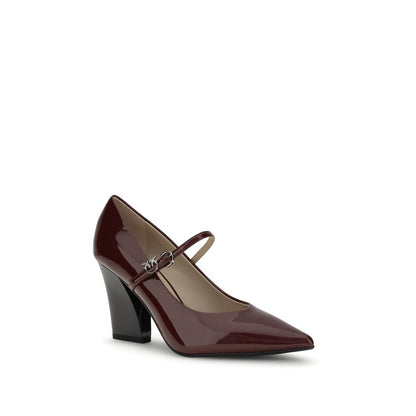 PINKO Bordeaux Calf Leather Bos Taurus High Heel Pumps with adjustable strap and glossy patent leather finish.