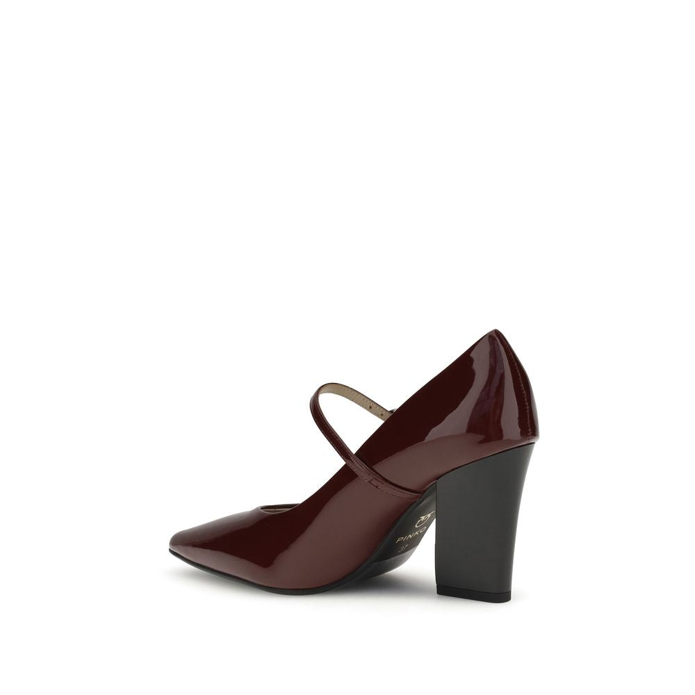 PINKO Bordeaux Calf Leather Bos Taurus High Heel Pumps with glossy finish, pointed toe, and adjustable strap for women.