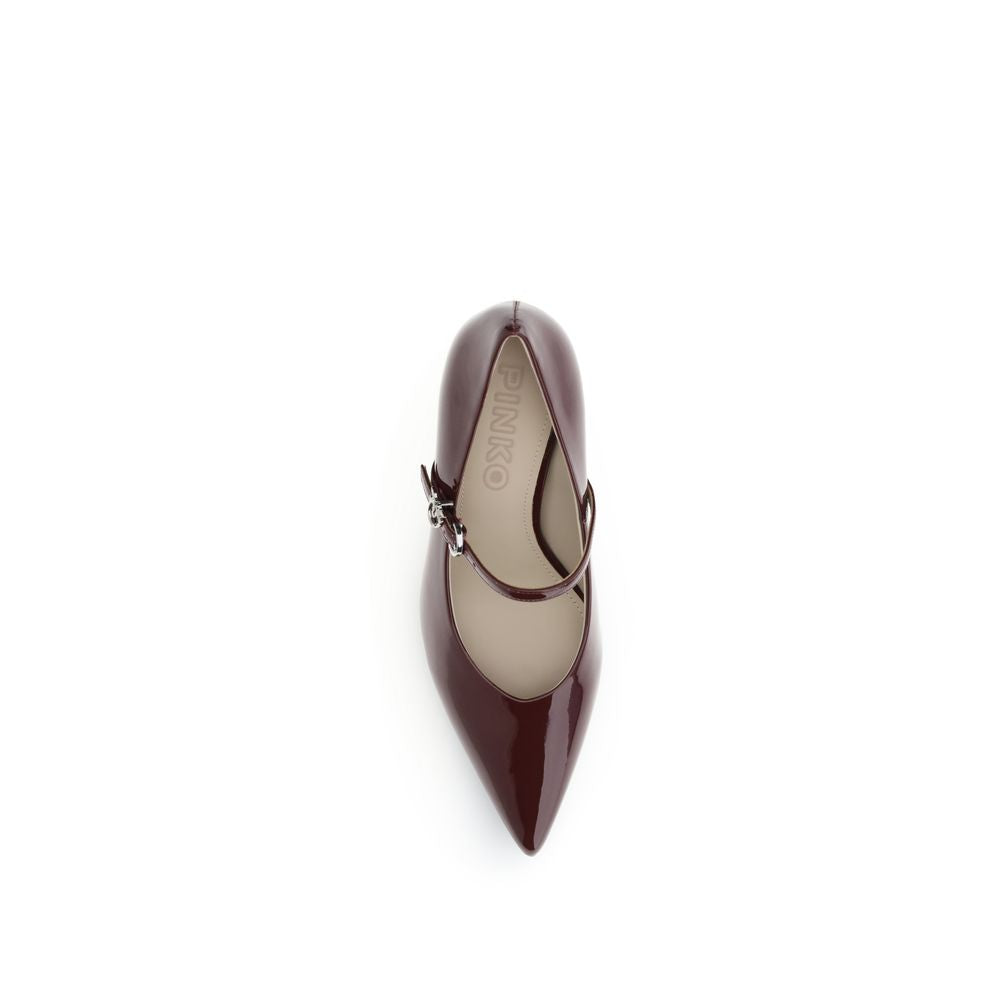 Top view of PINKO Bordeaux Calf Leather Bos Taurus High Heel Pumps with a pointed upper and adjustable strap in glossy patent leather.