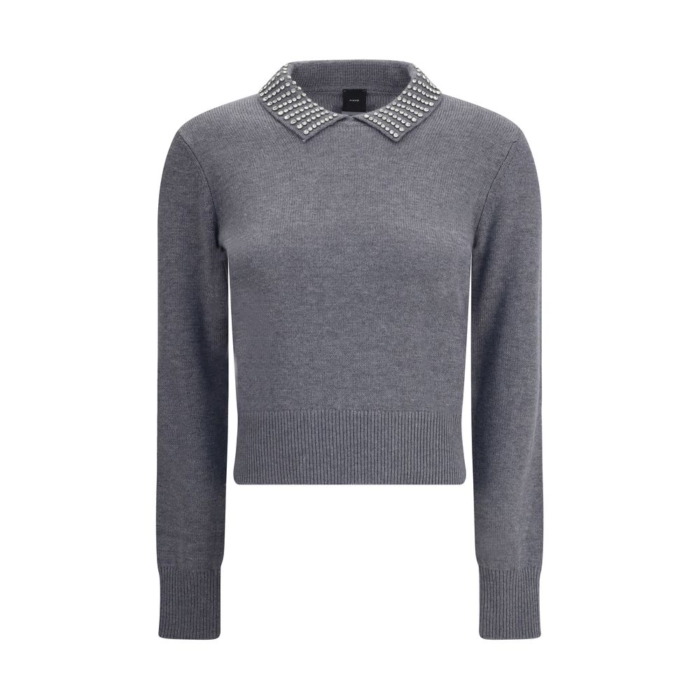 PINKO Gray Nylon Sweatshirt with rhinestone collar, ribbed hem and cuffs, simple yet elegant design for AW25 season.