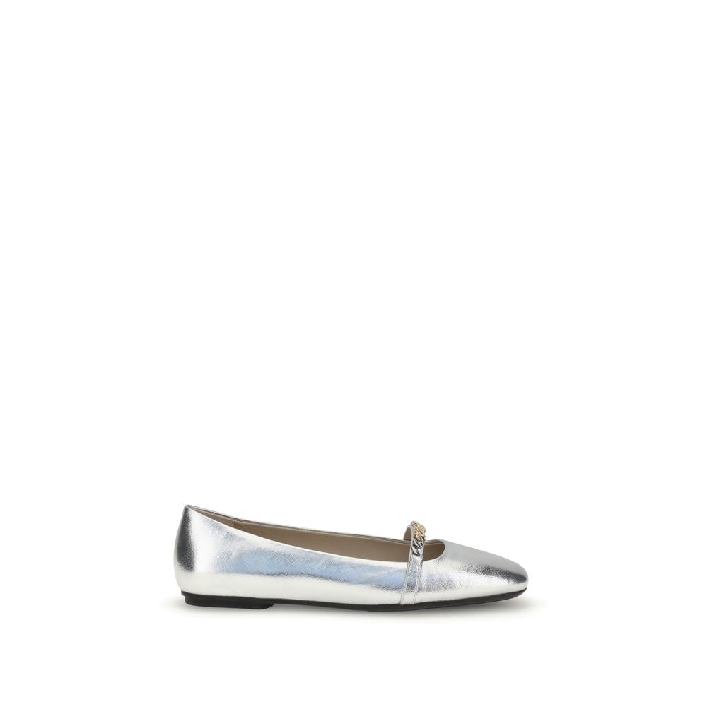 PINKO Silver Calf Leather Bos Taurus Ballet Flats with metallic finish, round toe, and decorative loop with metal detail. AW25 collection.