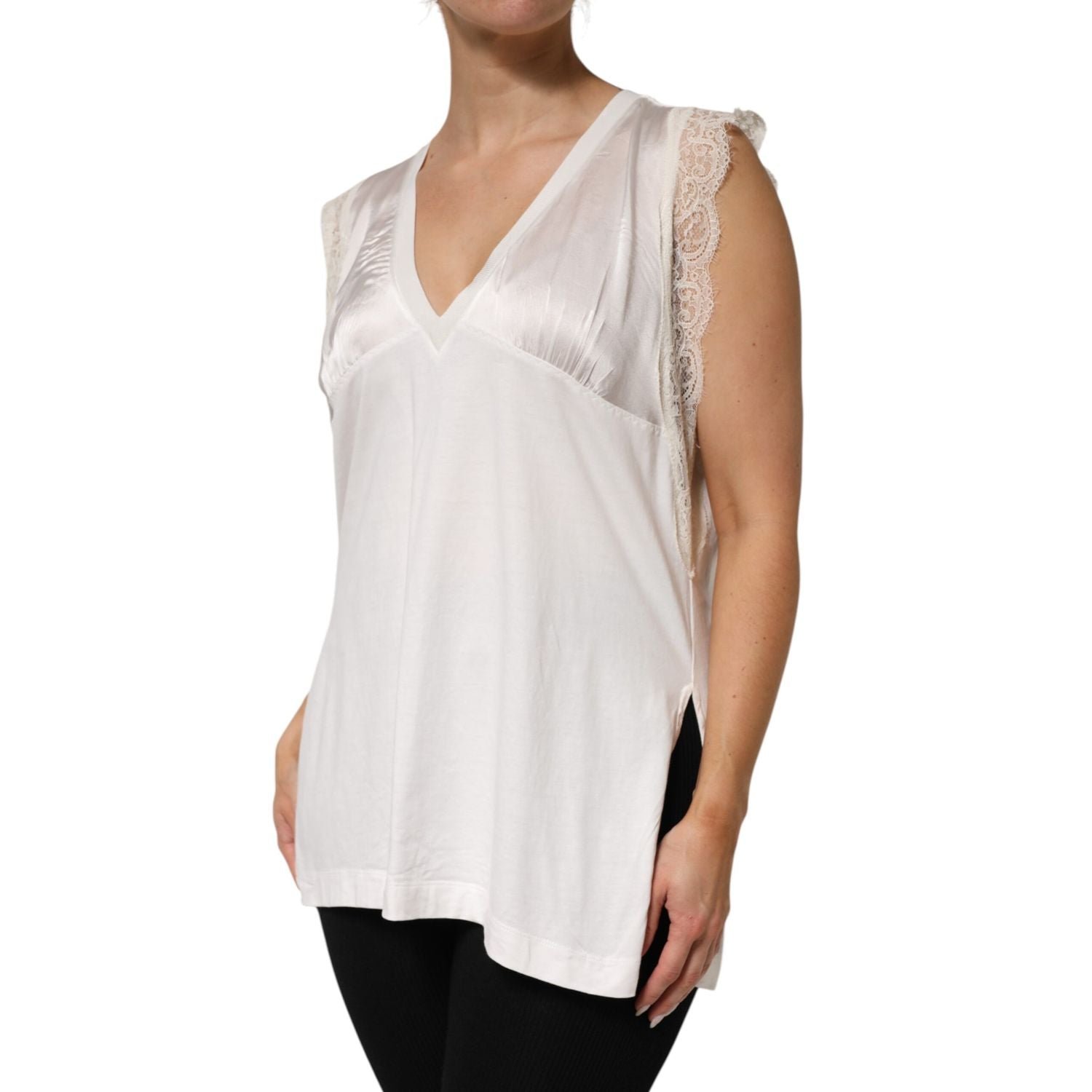 PINKO White Silk Blend Lace Trim Sleeveless V-Neck Women’s Top