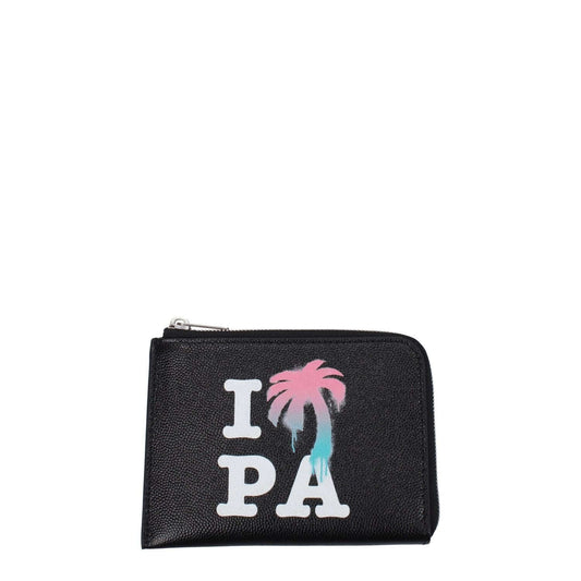 Palm Angels Black Leather Cardholder with front logo and zip closure, featuring five card slots and casual design, MPN PMND010LEA0011084.