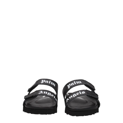 Palm Angels Black Leather Flat Sandals with front logo and strap closure, low flat heel, rubber sole.