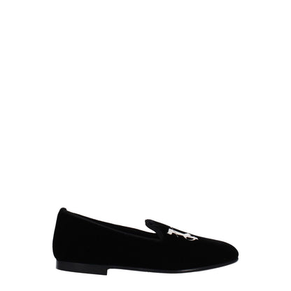 Palm Angels Black Velvet Slip-On Loafers with front logo, casual style, leather sole, round toe, low flat heel. MPN: PWIG004FAB0011000