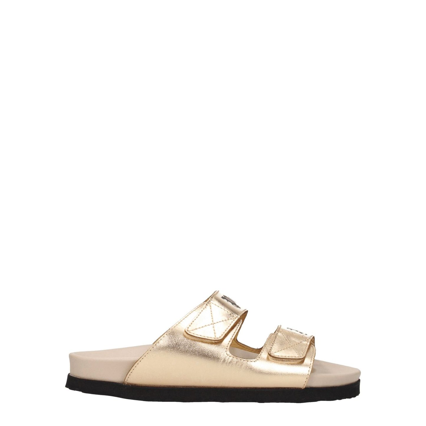 Palm Angels Gold Leather Slippers with metallic effect, strap closure, front logo, open toe, low flat heel made of rubber sole