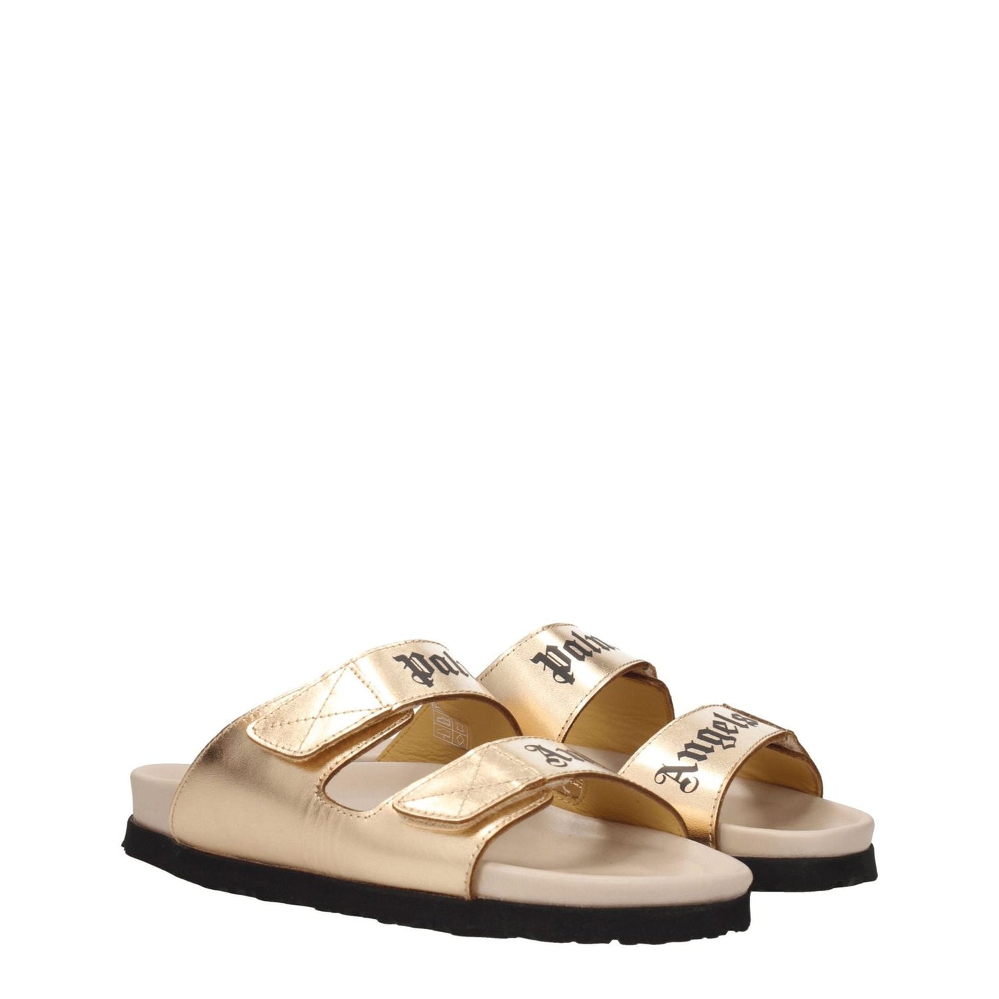 Palm Angels Gold Leather Slippers with metallic effect, front logo, and strap closure. Casual style with rubber sole and open toe design.