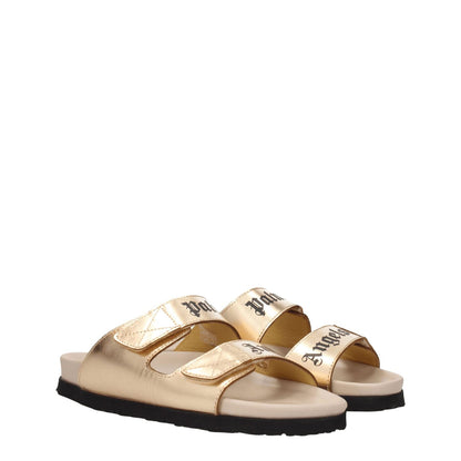 Palm Angels Gold Leather Slippers with metallic effect, front logo, and strap closure. Casual style with rubber sole and open toe design.