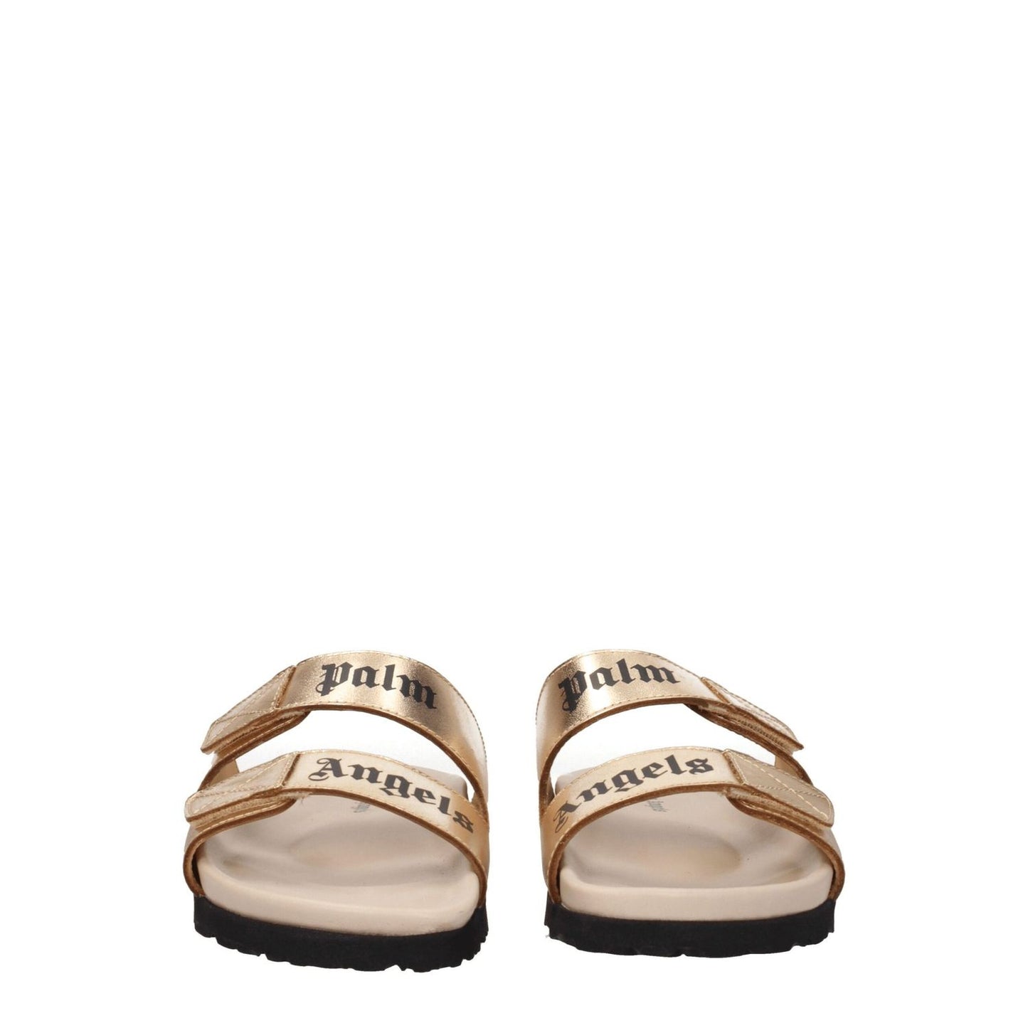 Palm Angels Gold Leather Slippers with metallic effect, front logo, and strap closure, low flat heel, rubber sole, open toe design