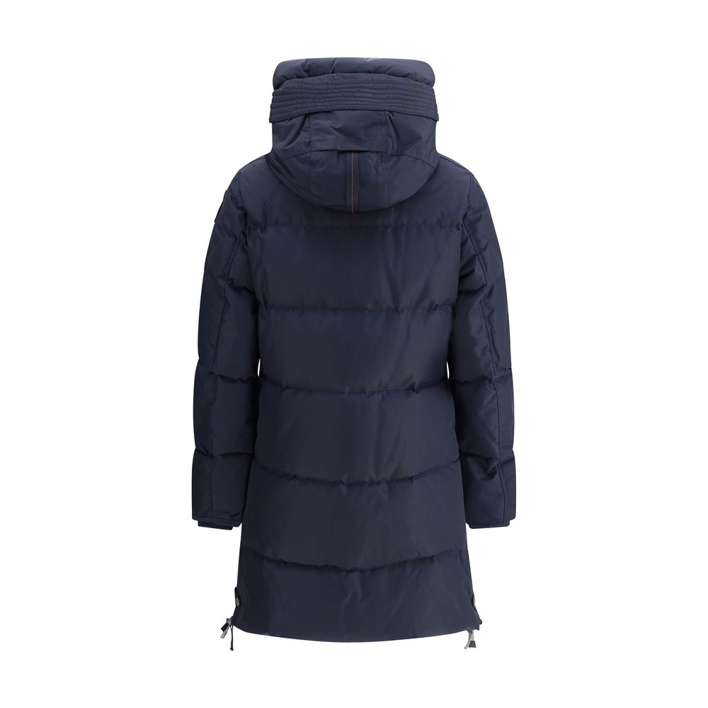 Parajumpers Blue Nylon Full-Length Jacket back view with hood and streamlined design for warmth and style.