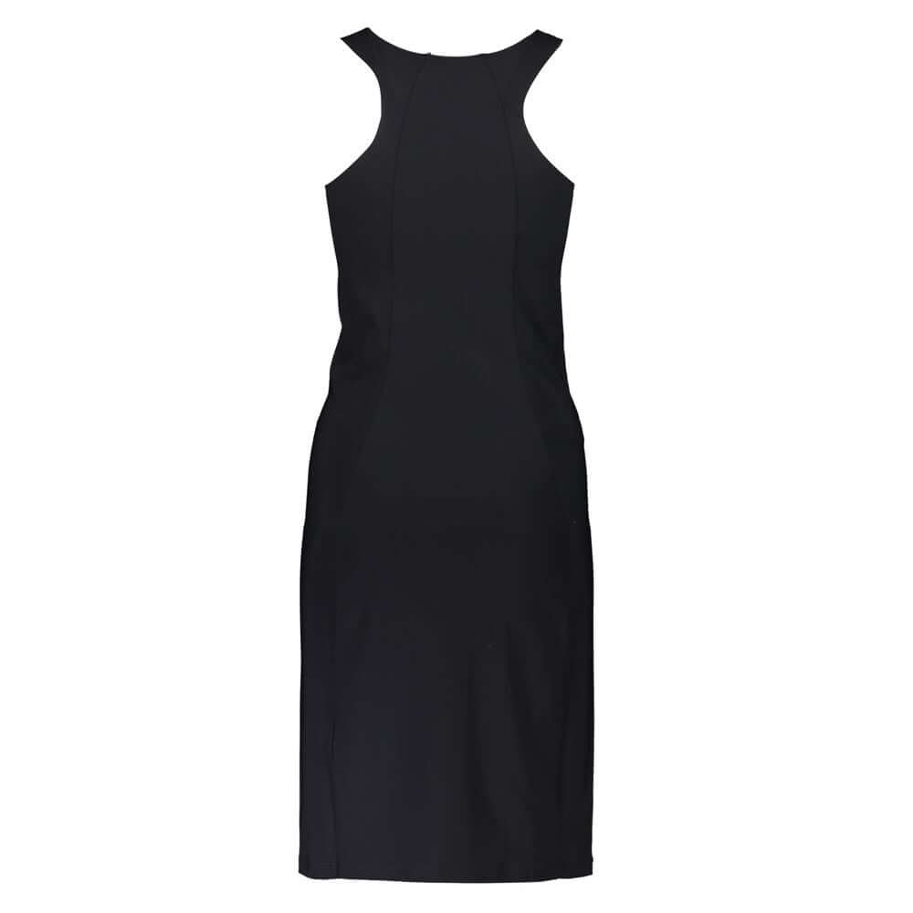Back view of Patrizia Pepe Black Elastane Dress with wide hat straps and crew neck, featuring logo details.