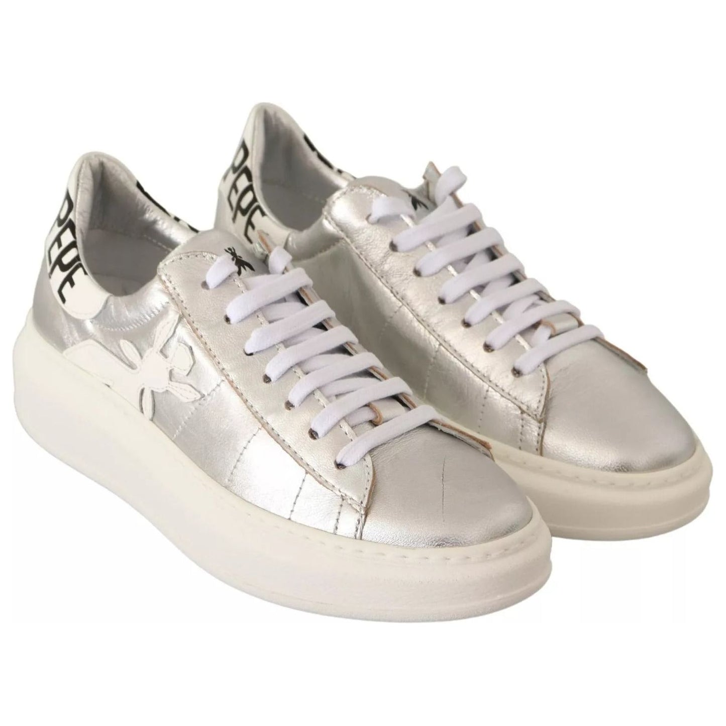 Patrizia Pepe Silver Full Grain Leather Lace Up Sneakers Shoes LA9356-35