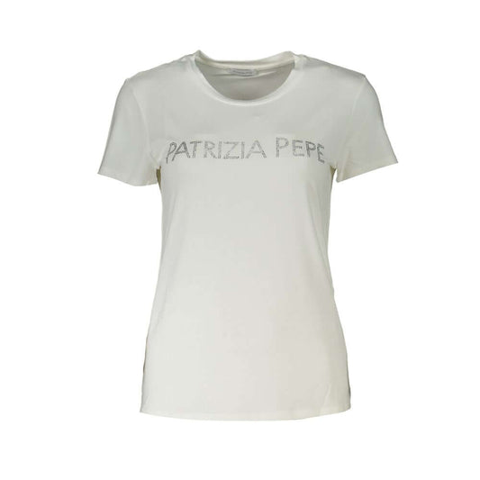 Patrizia Pepe White Organic Cotton Women T-Shirt with rhinestone logo, crafted in Romania, elegant and sustainable fashion choice.