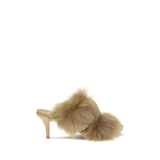 Pedro García Beige Leather Stiletto Heel Sandals with fur trim, elegant design with open toe and luxurious fur lining.