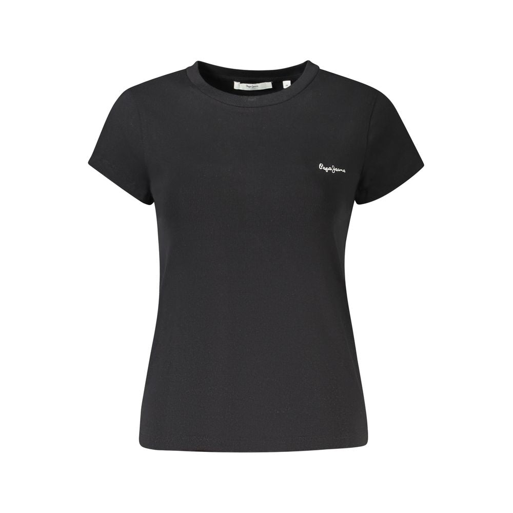 Pepe Jeans Black Cotton Women T-Shirt featuring embroidered logo, crafted for sustainability and style.