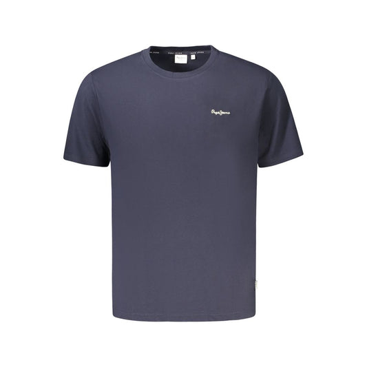 Pepe Jeans Blue Organic Cotton Men T-Shirt with embroidery logo, short sleeves, and crew neck, made from sustainable material.