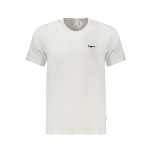 Pepe Jeans White Cotton Men T-Shirt, crew-neck style with logo embroidery, made from sustainable cotton for comfort and fashion.