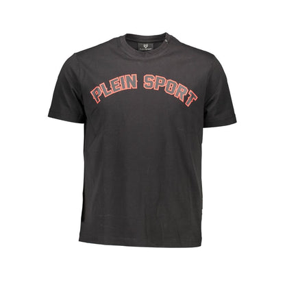 Plein Sport Black Cotton Men T-Shirt featuring bold red logo print on front, short sleeves, and crew neck design for edgy streetwear style.