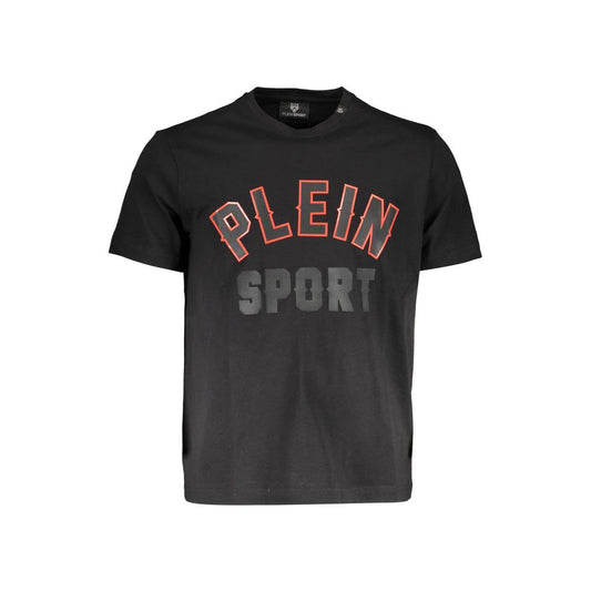 Plein Sport Black Cotton T-Shirt with short sleeves, crew neck, and logo print on the front.