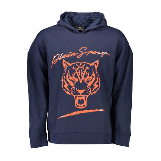 Plein Sport Blue Cotton Men Sweater with bold tiger applique design, showcasing contrasting orange details on a streetwear hoodie.