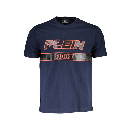 Plein Sport Blue Cotton Men T-Shirt with logo and striking print on front, short sleeve crew neck design, epitome of casual couture for men.