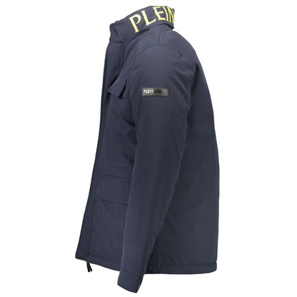 Plein Sport Blue Polyester Men's Jacket with side view showing branding and pocket details, ideal for versatile fashion and weather protection.