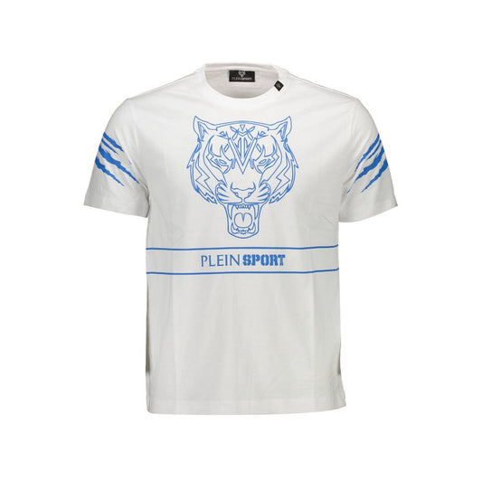 Plein Sport White Cotton Men T-Shirt with blue tiger and logo design, perfect for trendsetters seeking bold, athletic style and elegance.