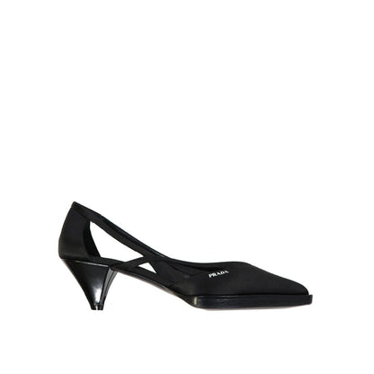 Prada Black Silk Mid Heel Pumps with pointed toe, cut-out design, and small logo detail for women, made in Italy, slip-on style.