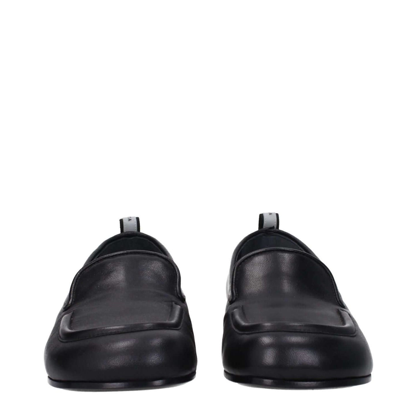 Premiata Black Leather Slip-On Loafers, round toe, low heel with back logo detail, front view.