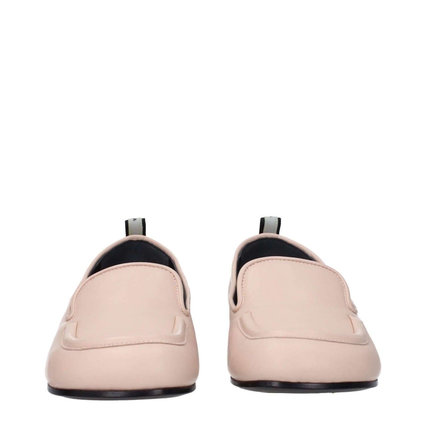 Premiata Pink Leather Slip-On Loafers with round toe and back logo design in nude pink, low flat heel, MPN PELLEM6705NUDE, front view.