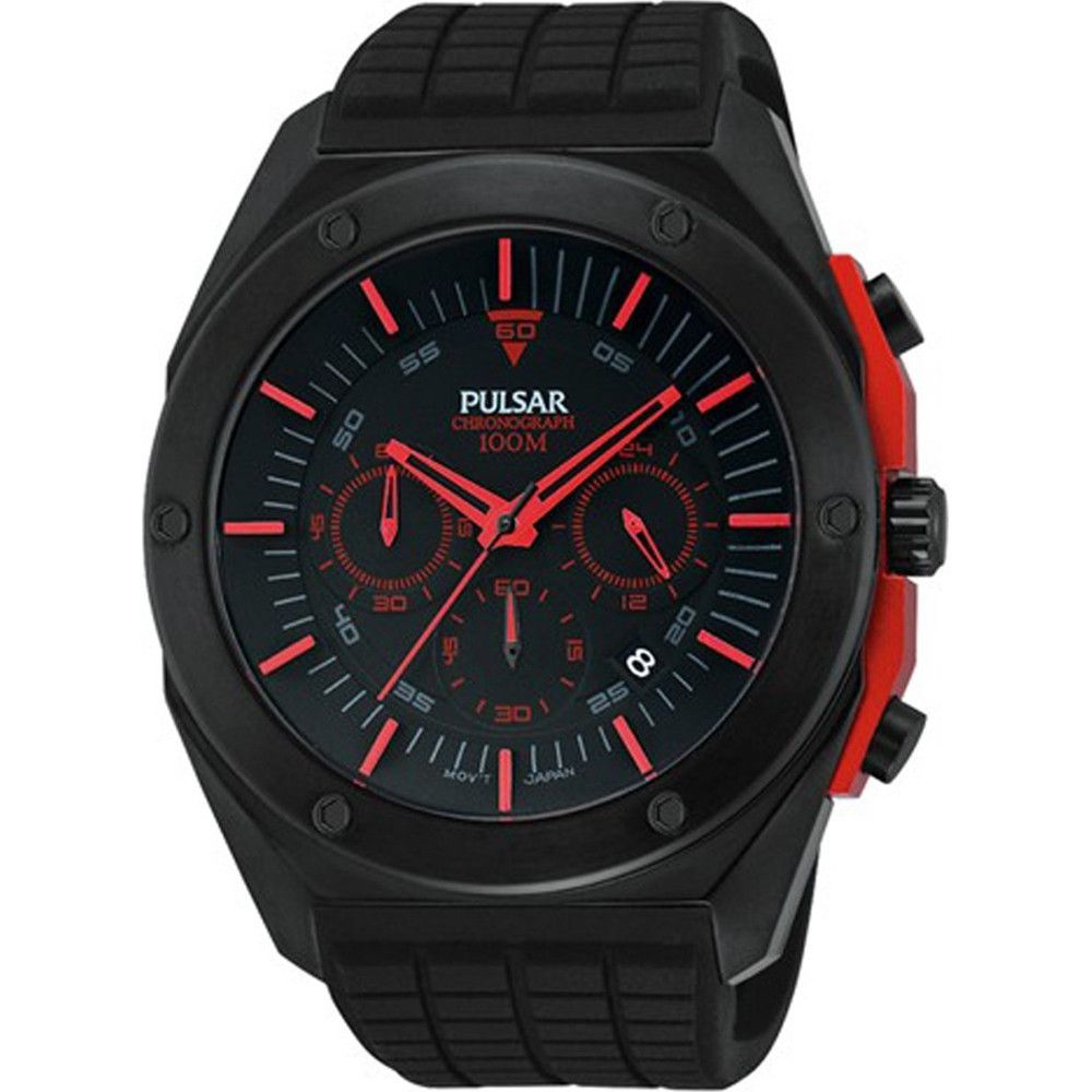 Pulsar Black Rubber Sport Watch with black stainless steel case, analog display, and mineral glass. Water resistant up to 10 ATM.