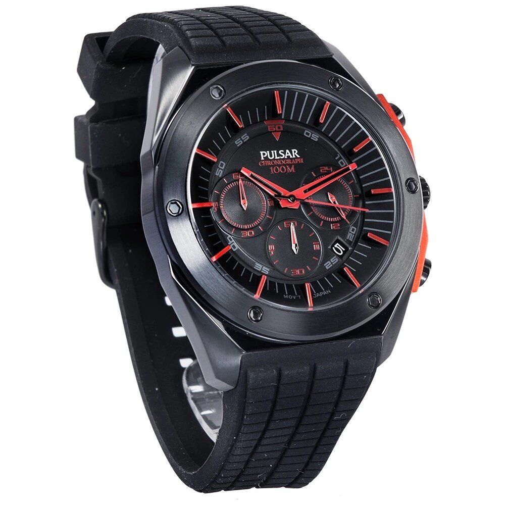 Pulsar Black Rubber Sport Watch with analog display, black stainless steel case, rubber bracelet, and mineral glass, water resistant to 10ATM.