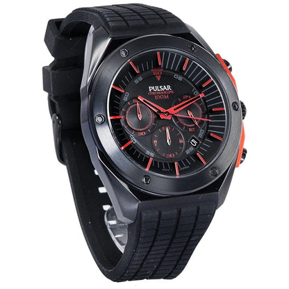 Pulsar Black Rubber Sport Watch with analog display, black stainless steel case, rubber bracelet, and mineral glass, water resistant to 10ATM.