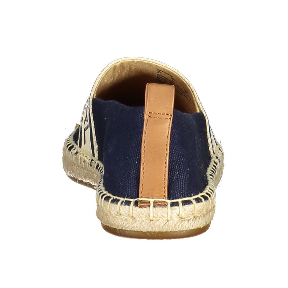 Back view of Ralph Lauren Blue Polyester Women Flat Shoe with leather detailing and woven sole.