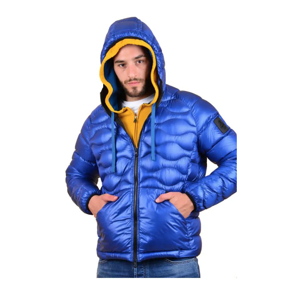 Refrigiwear Blue Nylon Men Jacket with hood, wind-resistant, water-repellent, down padding for insulation.